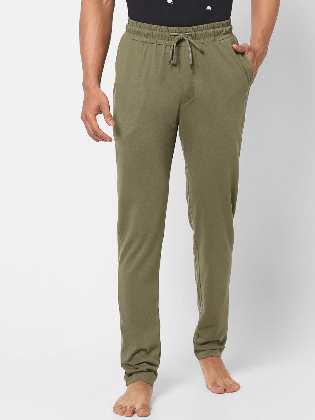 ajile by pantaloons men olive green solid cotton lounge pants