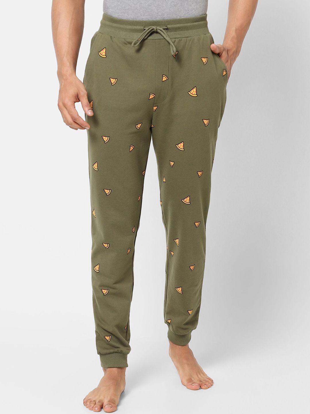 ajile by pantaloons men olive printed cotton lounge pants