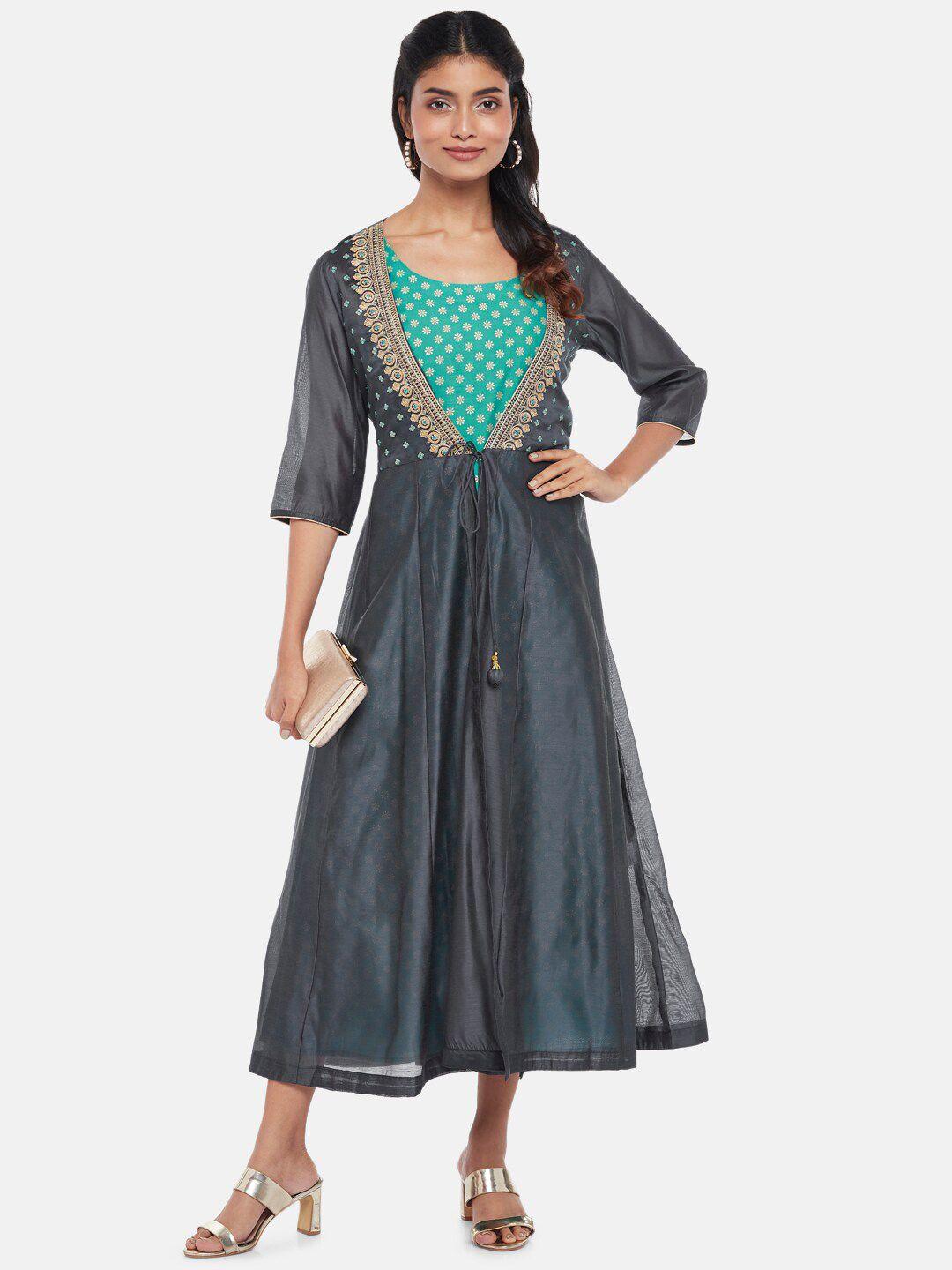 rangmanch by pantaloons teal ethnic motifs a-line midi dress