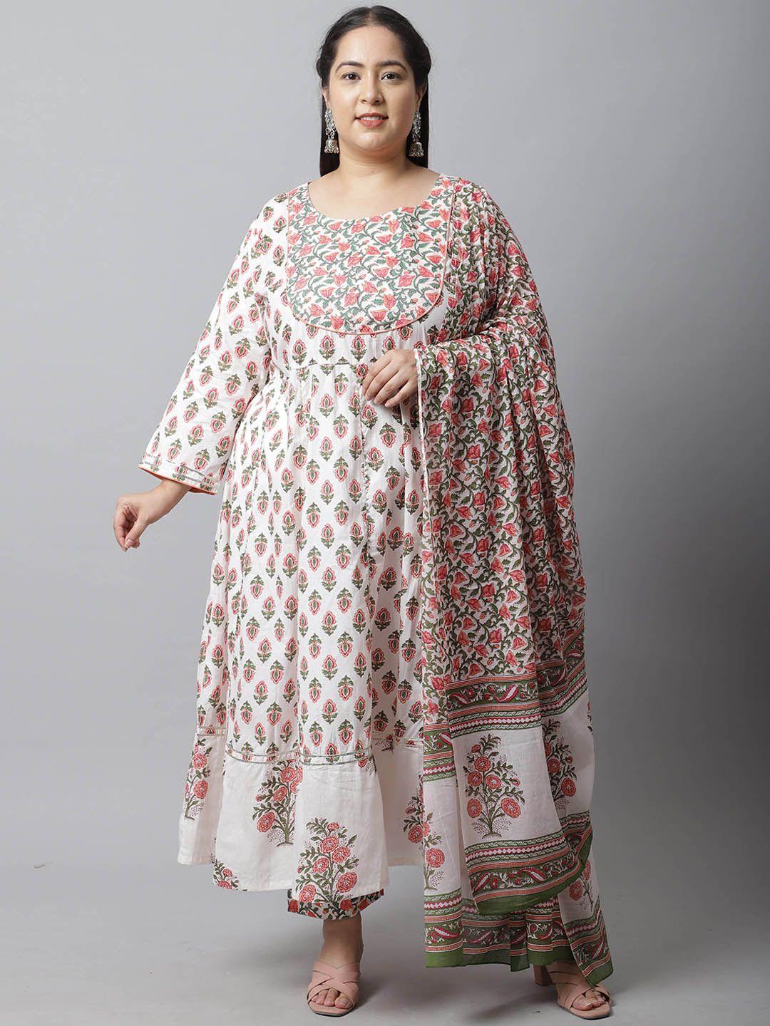 rajnandini plus size women printed pure cotton anarkali kurta with trousers & with dupatta