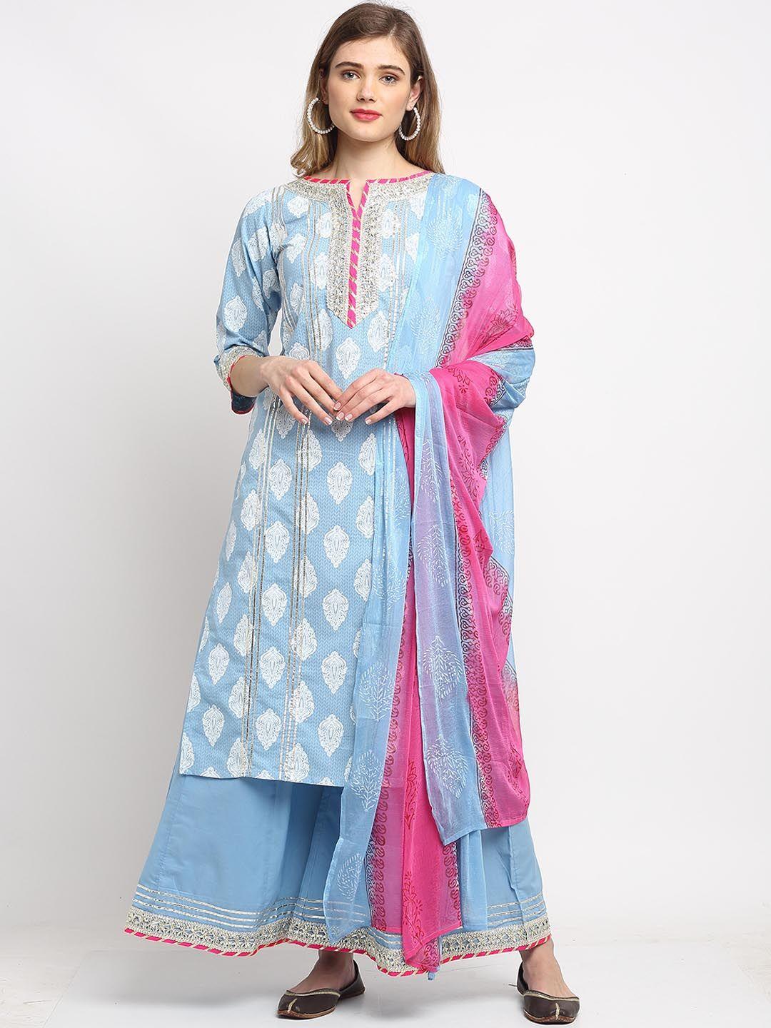 rajnandini women plus size printed pure cotton kurta with sharara & with dupatta