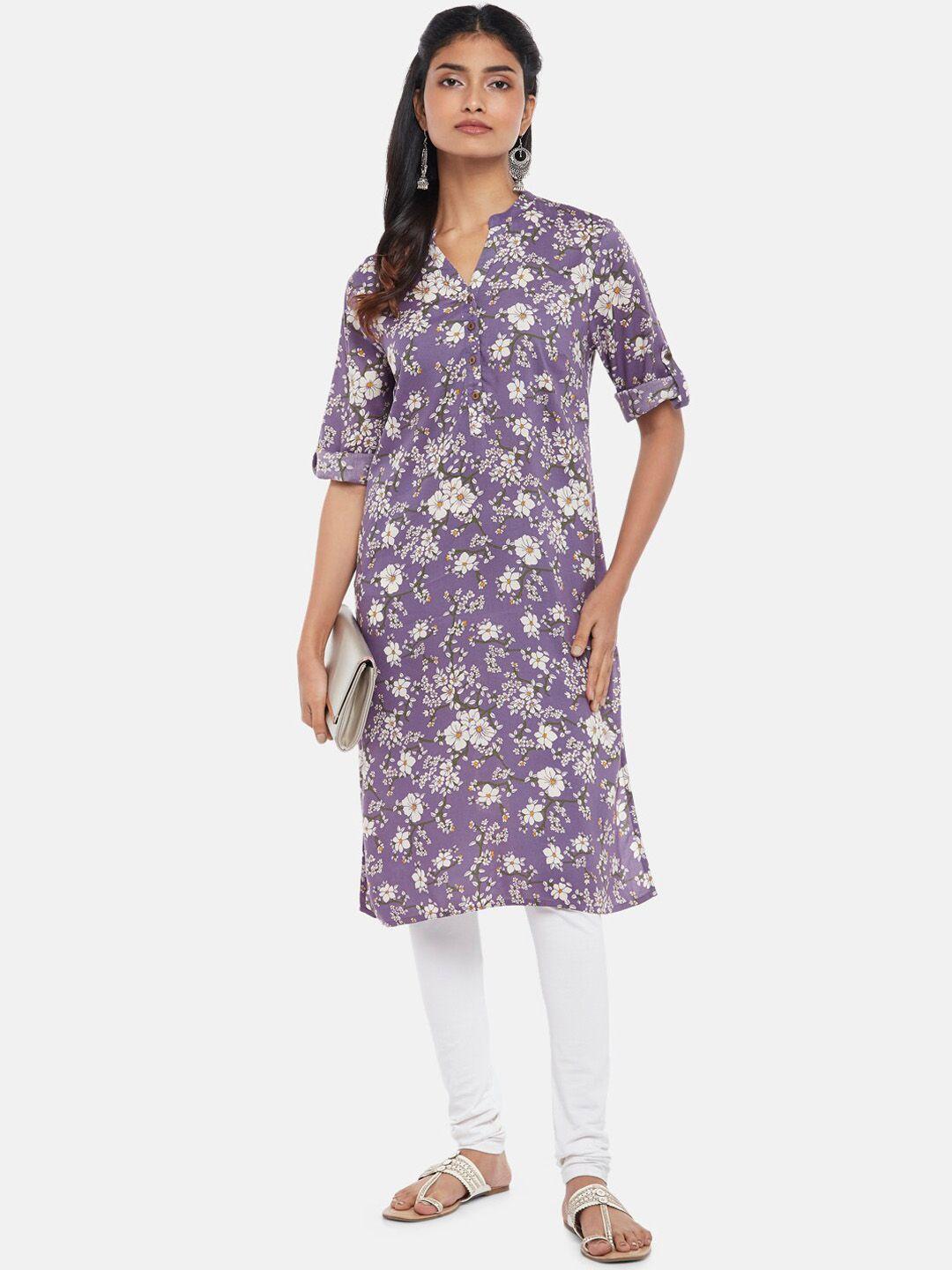 rangmanch by pantaloons women purple floral printed keyhole neck kurta