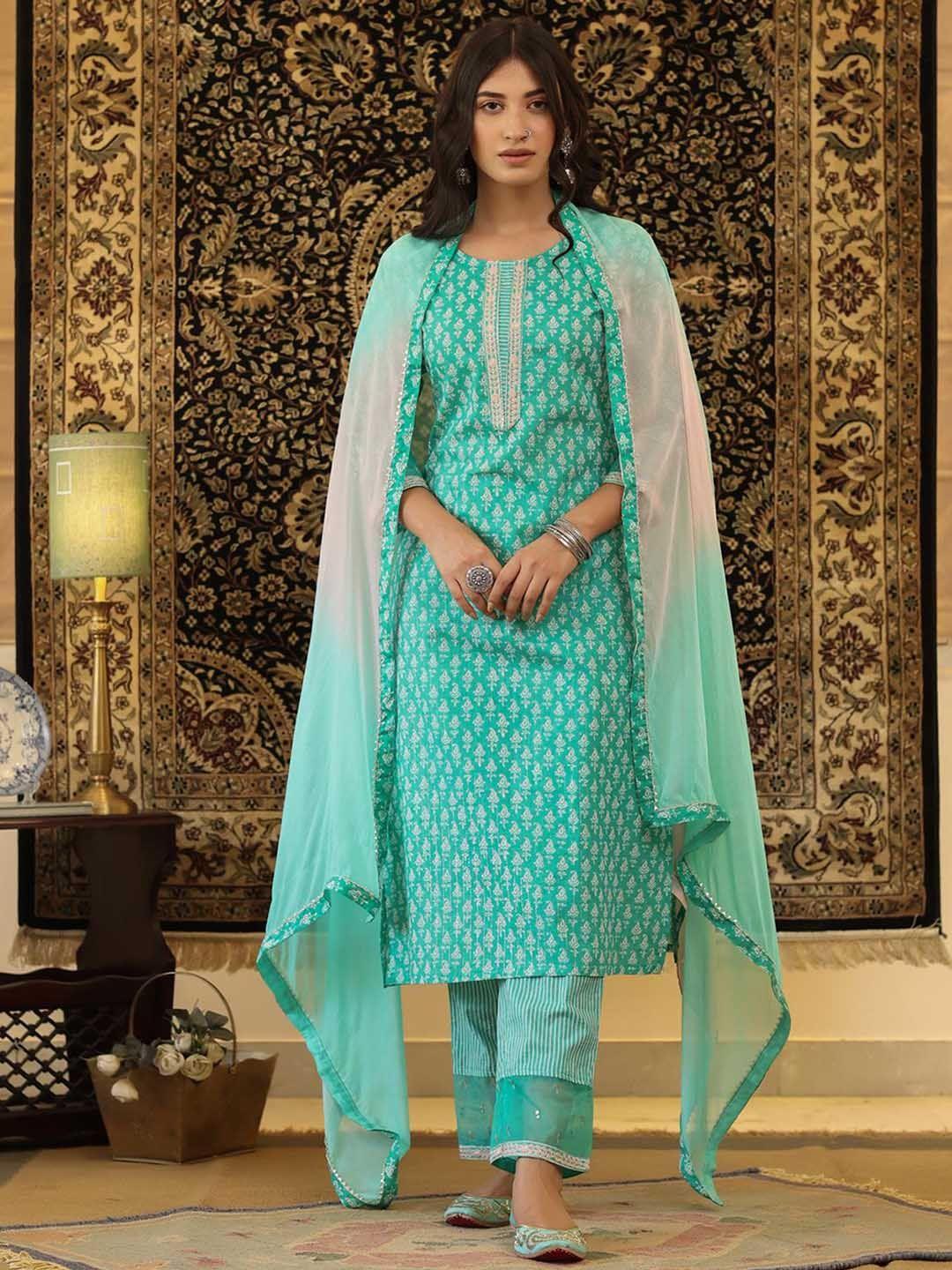 scakhi women turquoise blue paisley printed sequinned pure cotton kurta with trousers & with dupatta