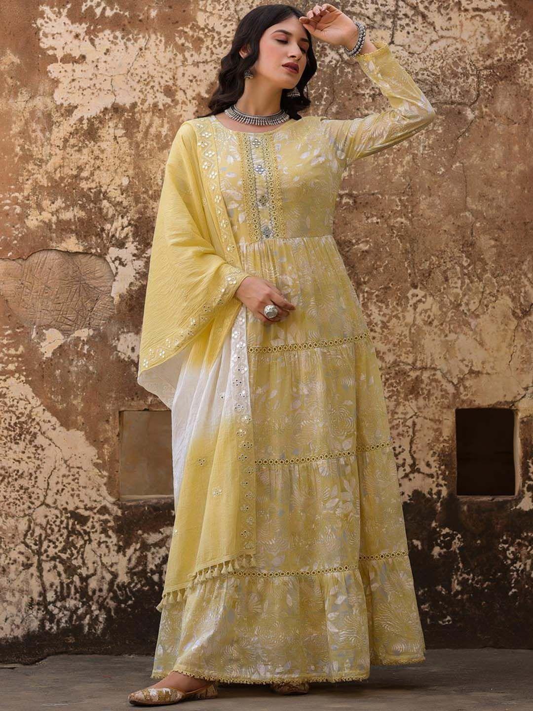 scakhi women mustard yellow floral printed anarkali kurta