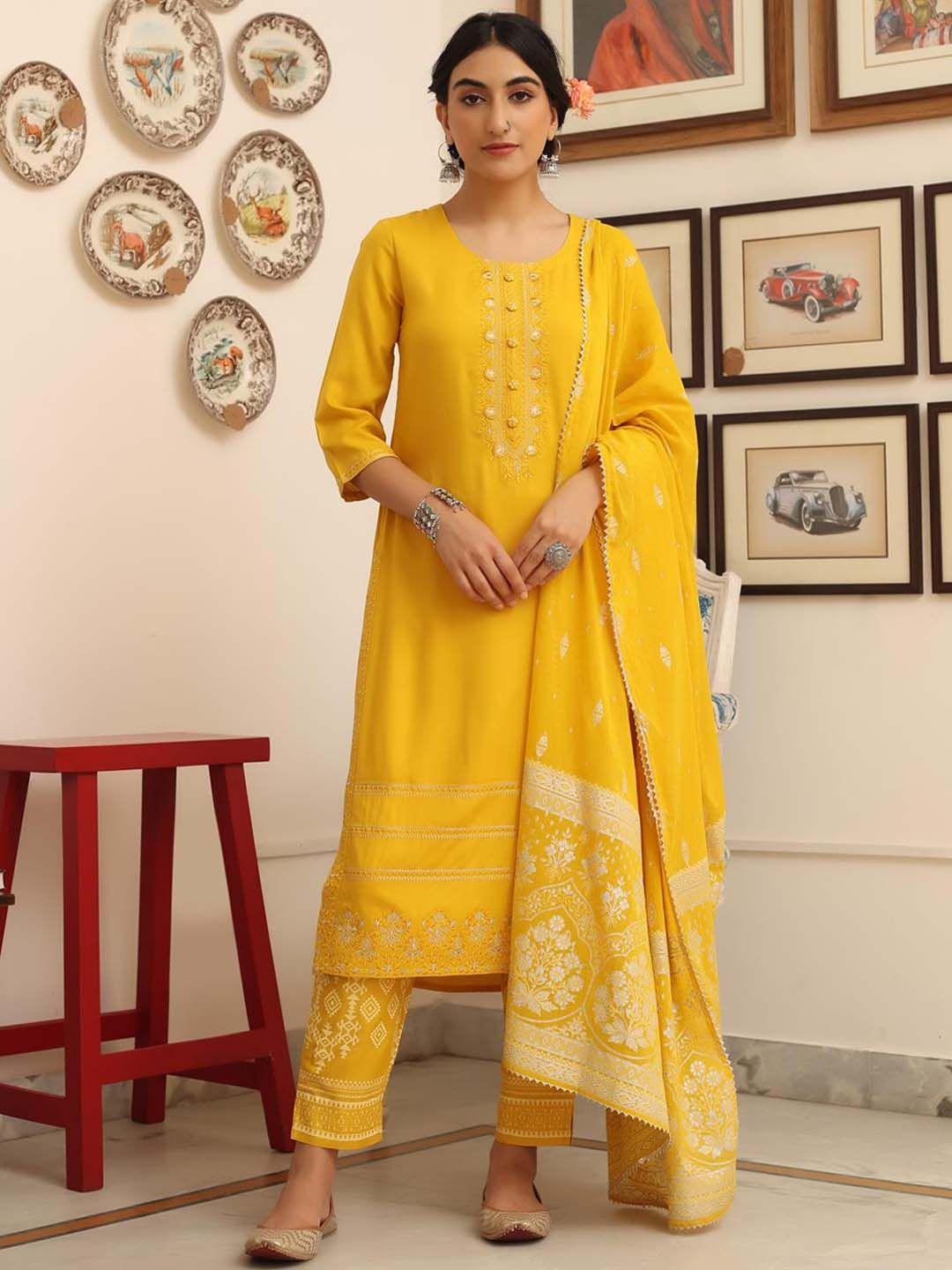 scakhi women yellow ethnic motifs embroidered mirror work kurta with trousers & with dupatta