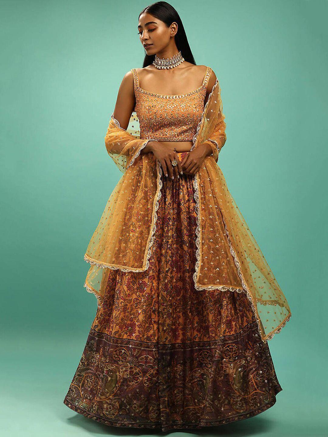 fabpixel yellow & maroon embellished semi-stitched lehenga & unstitched blouse with dupatta