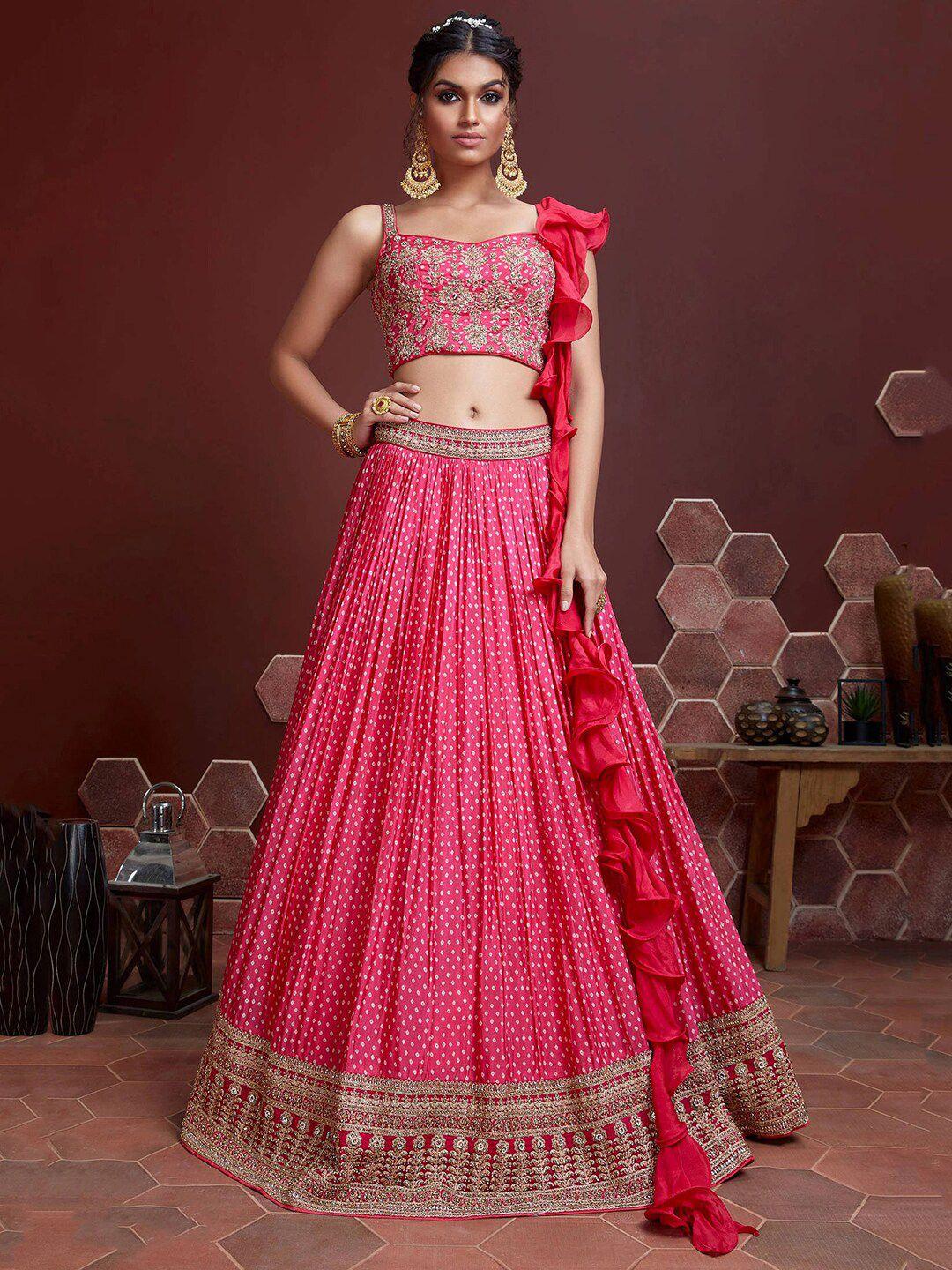 fabpixel pink & off white embellished semi-stitched lehenga & unstitched blouse with dupatta