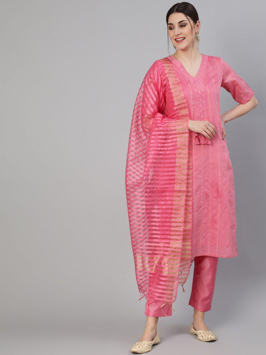 jaipur kurti women striped chanderi silk kurta with trousers & dupatta