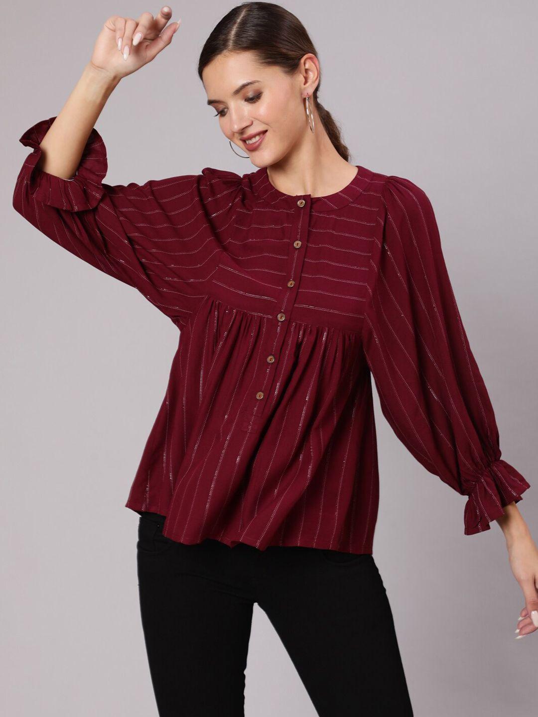 jaipur kurti women maroon striped puff sleeves empire top