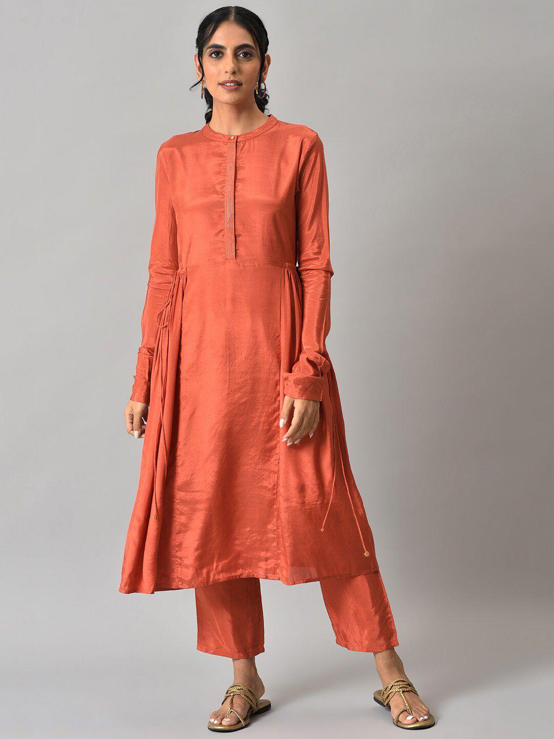 w women orange zari top stitched  placket kurta  with straight pants co-ord set