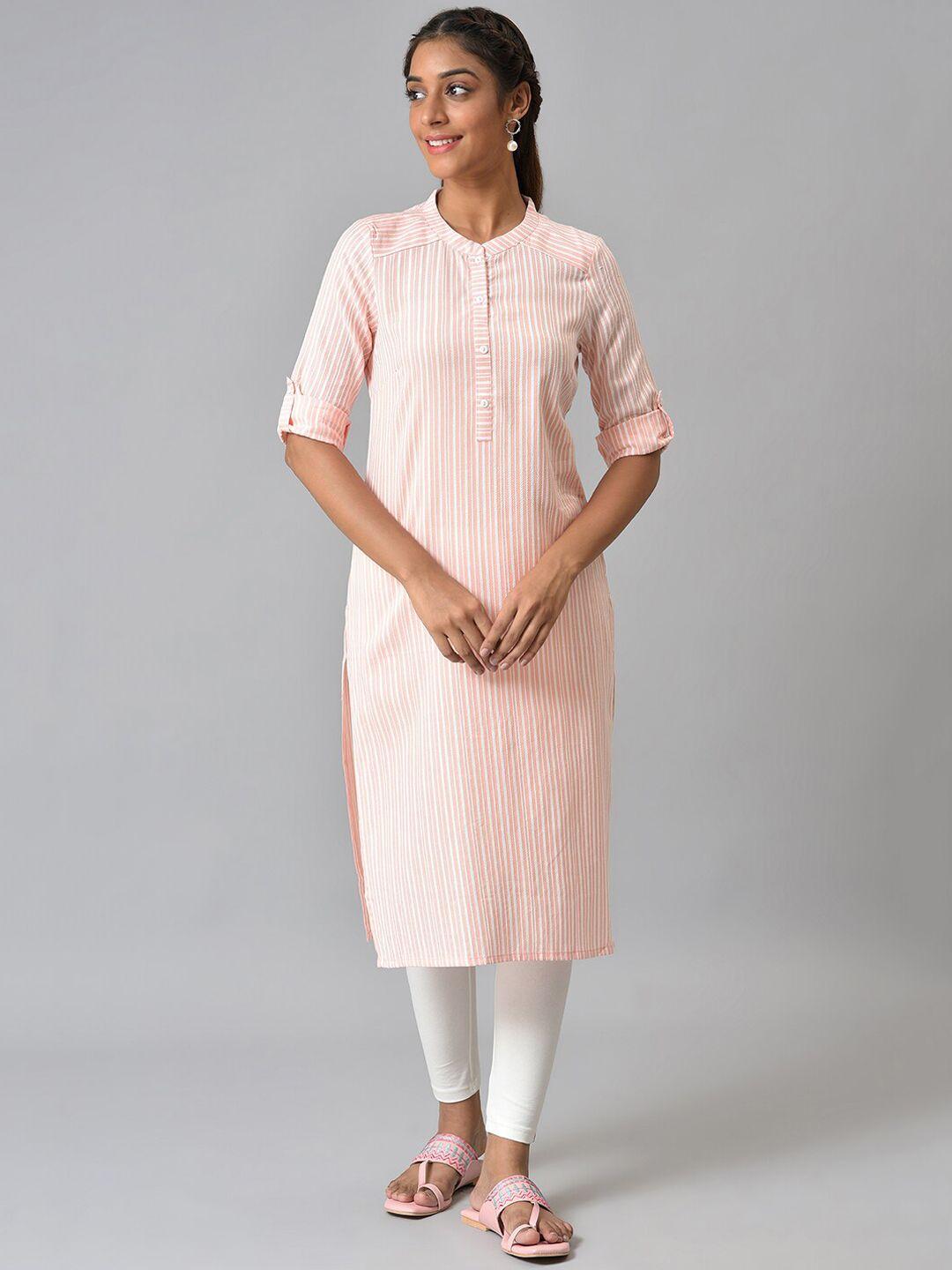 aurelia women peach-coloured & white striped kurta