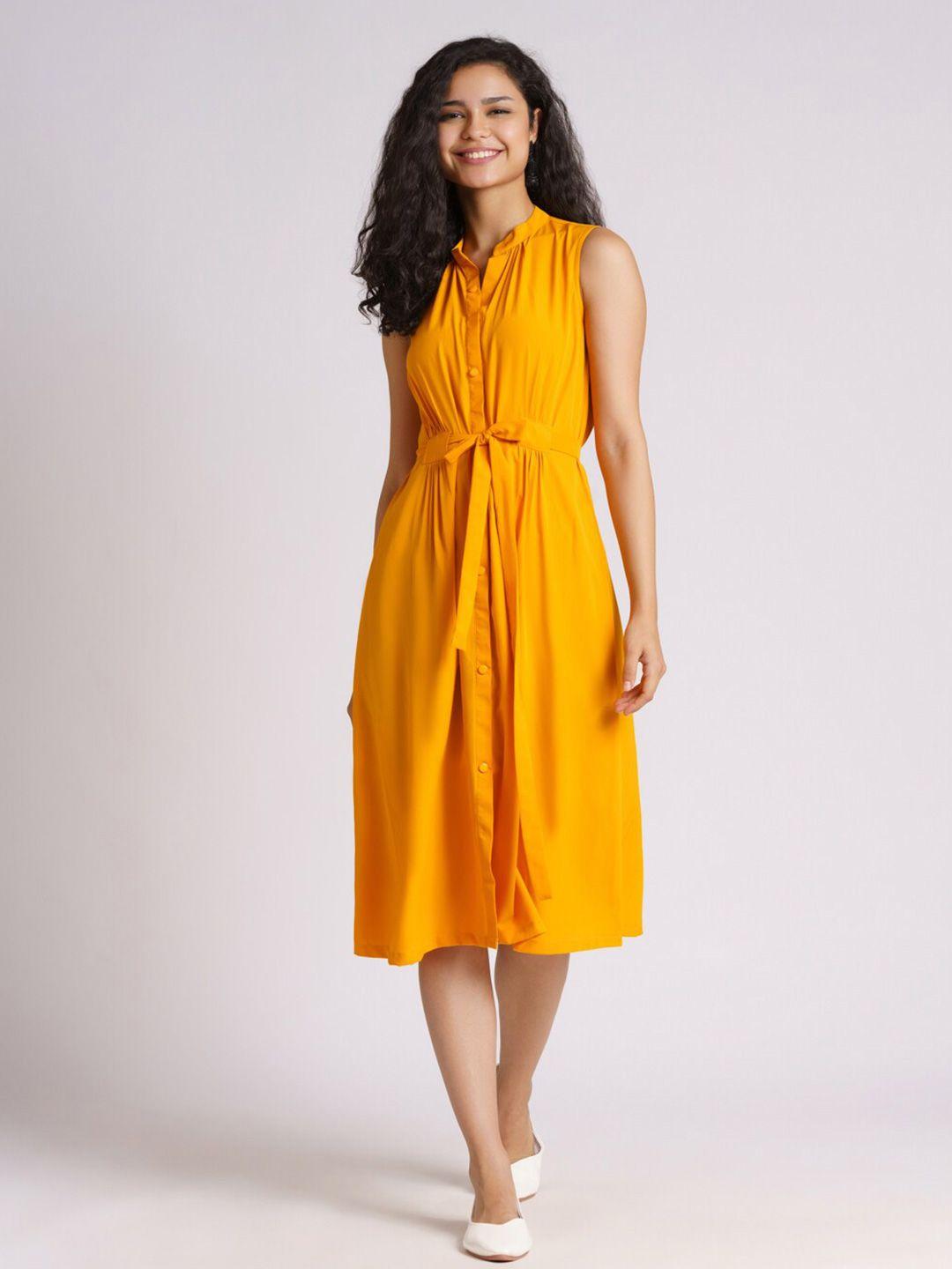 aask women mustard yellow crepe shirt midi dress