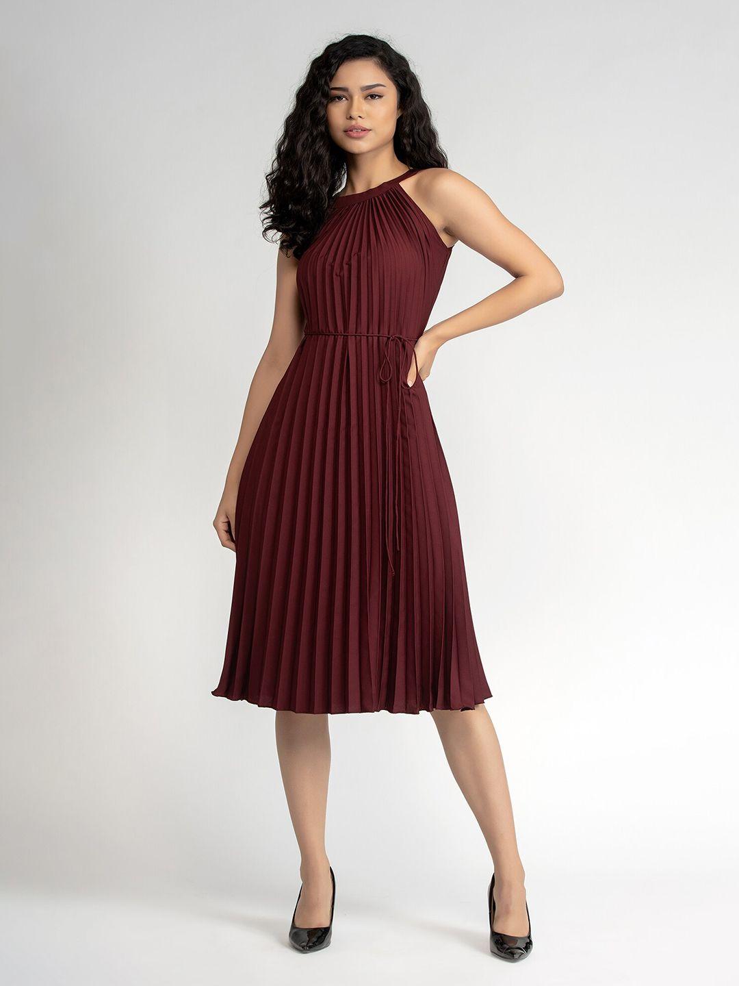 aask maroon striped crepe midi dress