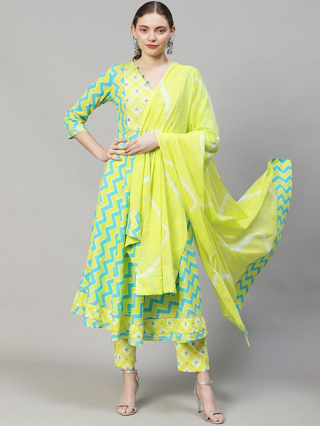 fashor women yellow & blue geometric printed pure cotton kurta with trousers & dupatta