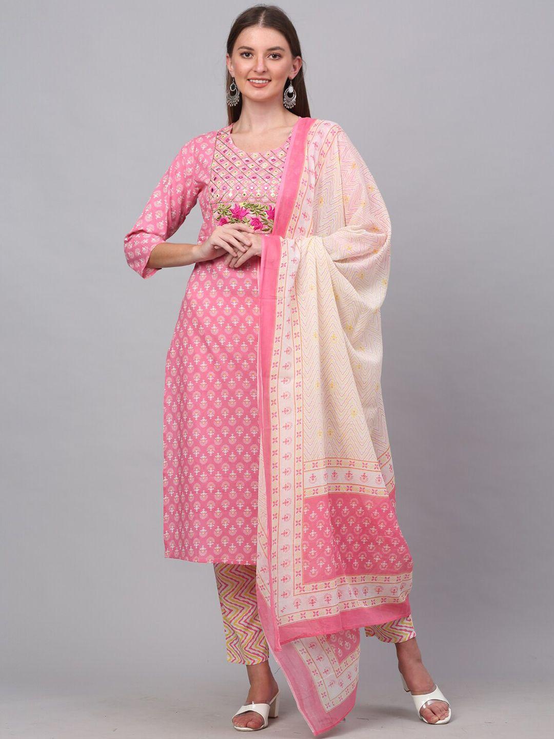 kalini women pink floral printed pure cotton kurta with trousers & with dupatta