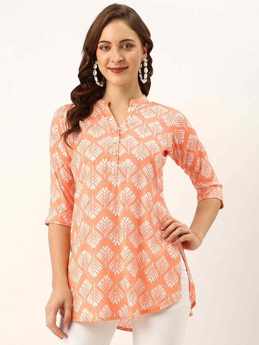 zola orange & white viscose rayon mandarin collar printed tunic