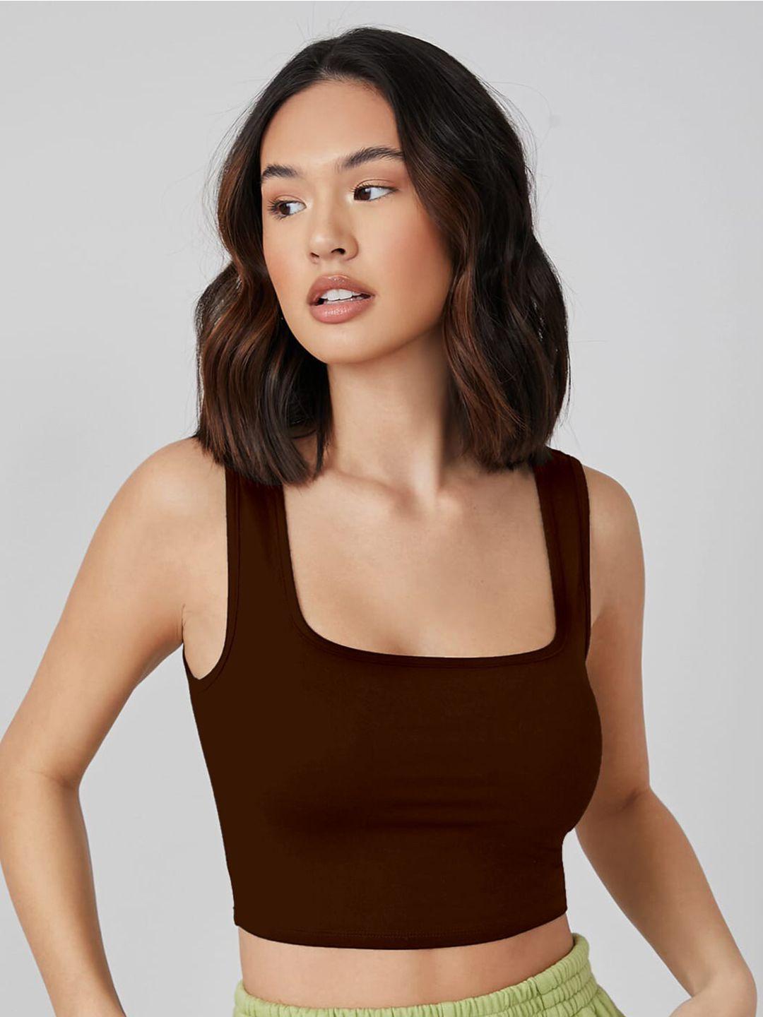 aahwan women brown solid fitted crop top