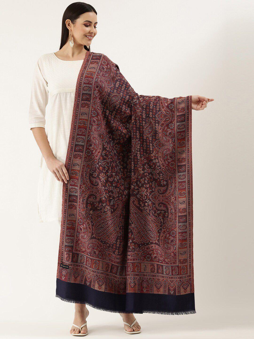 pashmoda women navy blue & brown woven design wool jamawar shawl