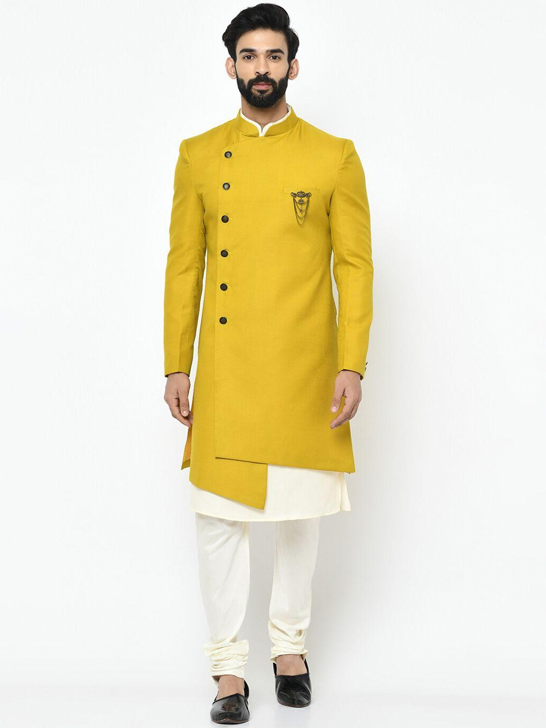 kisah men mustard yellow & off white solid cotton sherwani set