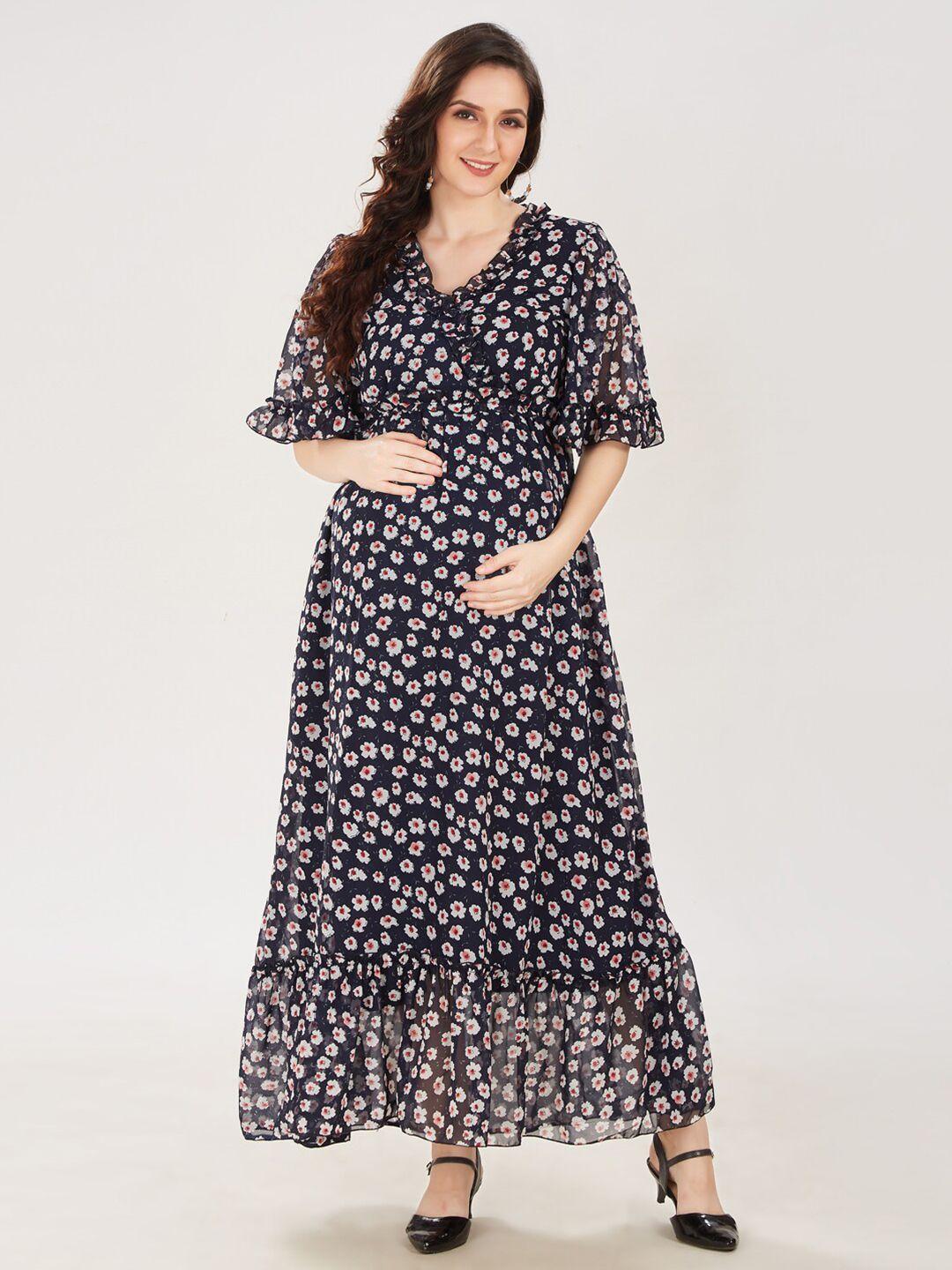 mom for sure by ketki dalal navy blue floral georgette maternity maxi dress