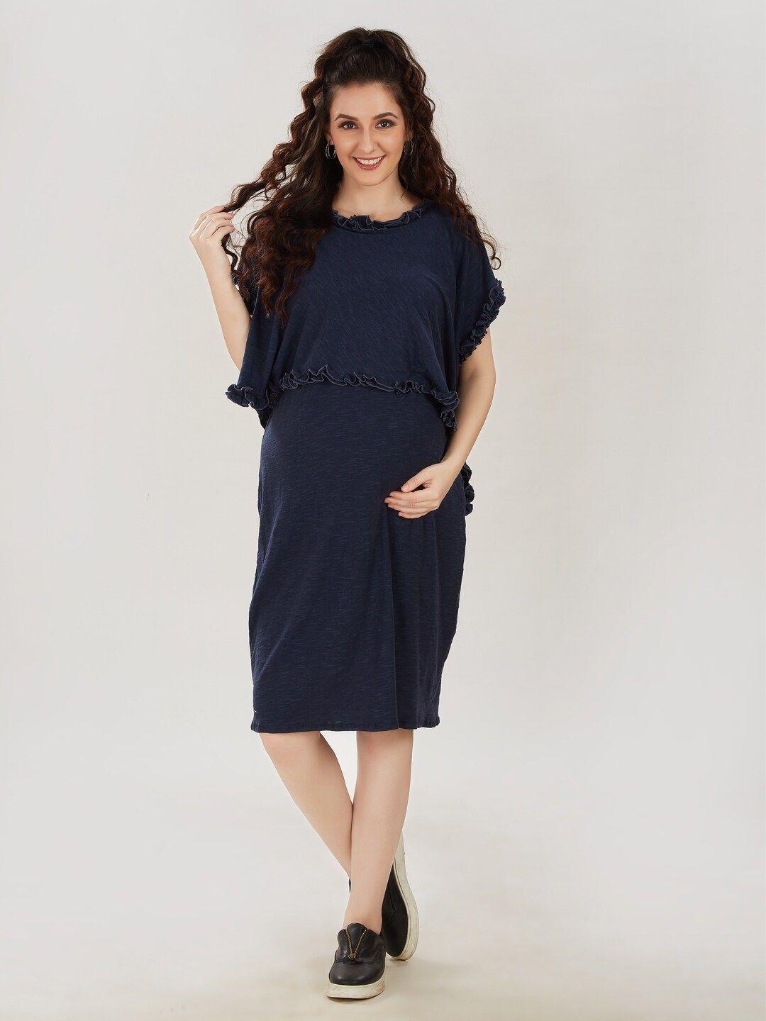 mom for sure by ketki dalal women navy blue solid maternity cotton sheath dress