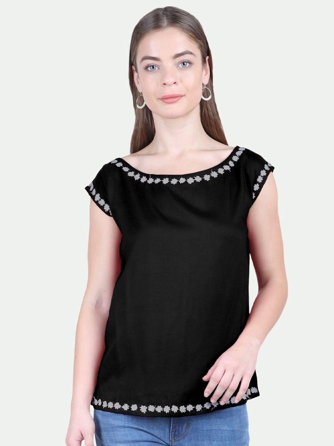 patrorna women black floral lace detail short sleeves top