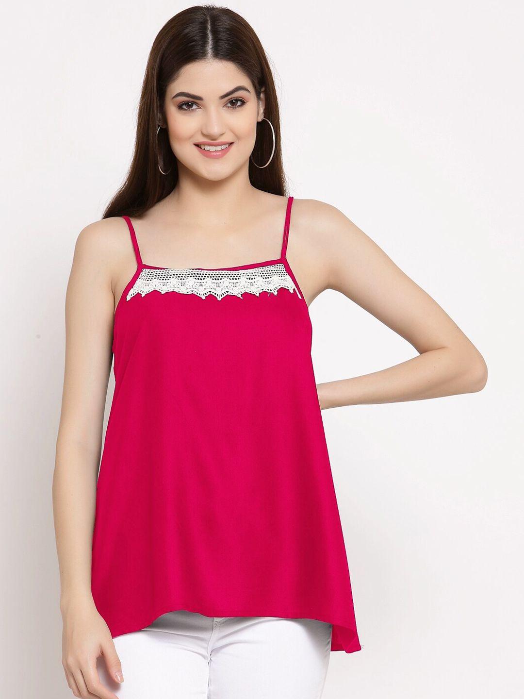 patrorna women fuchsia solid lace detail asymmetrical a-line top