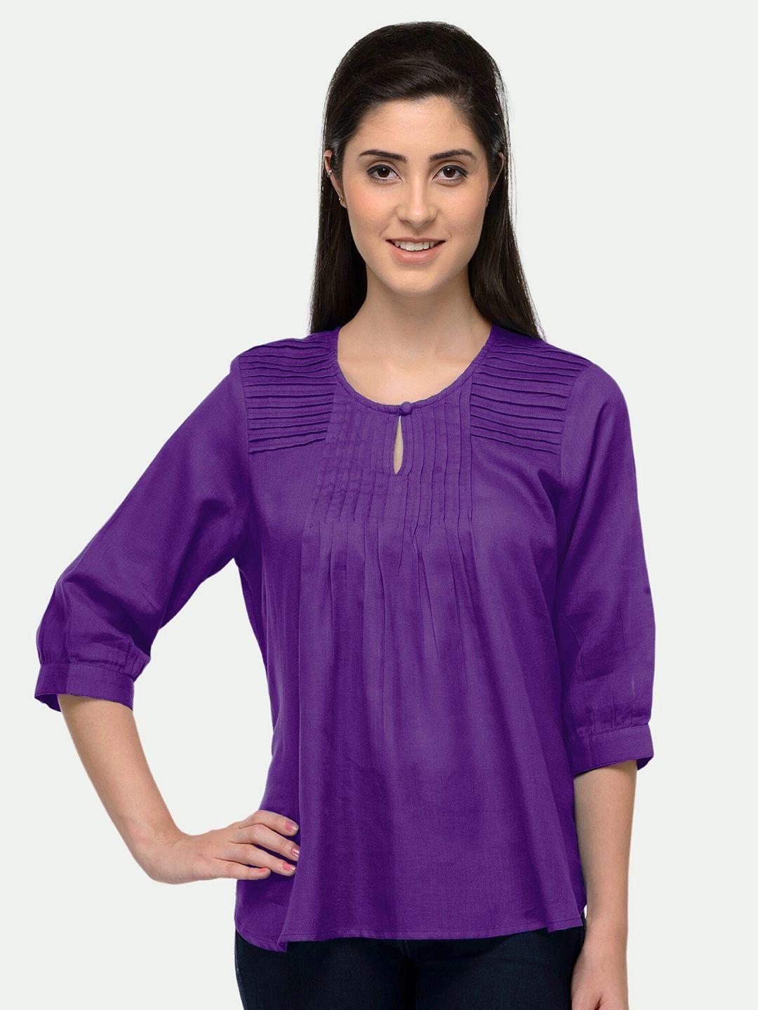 patrorna women purple solid pleated keyhole neck top