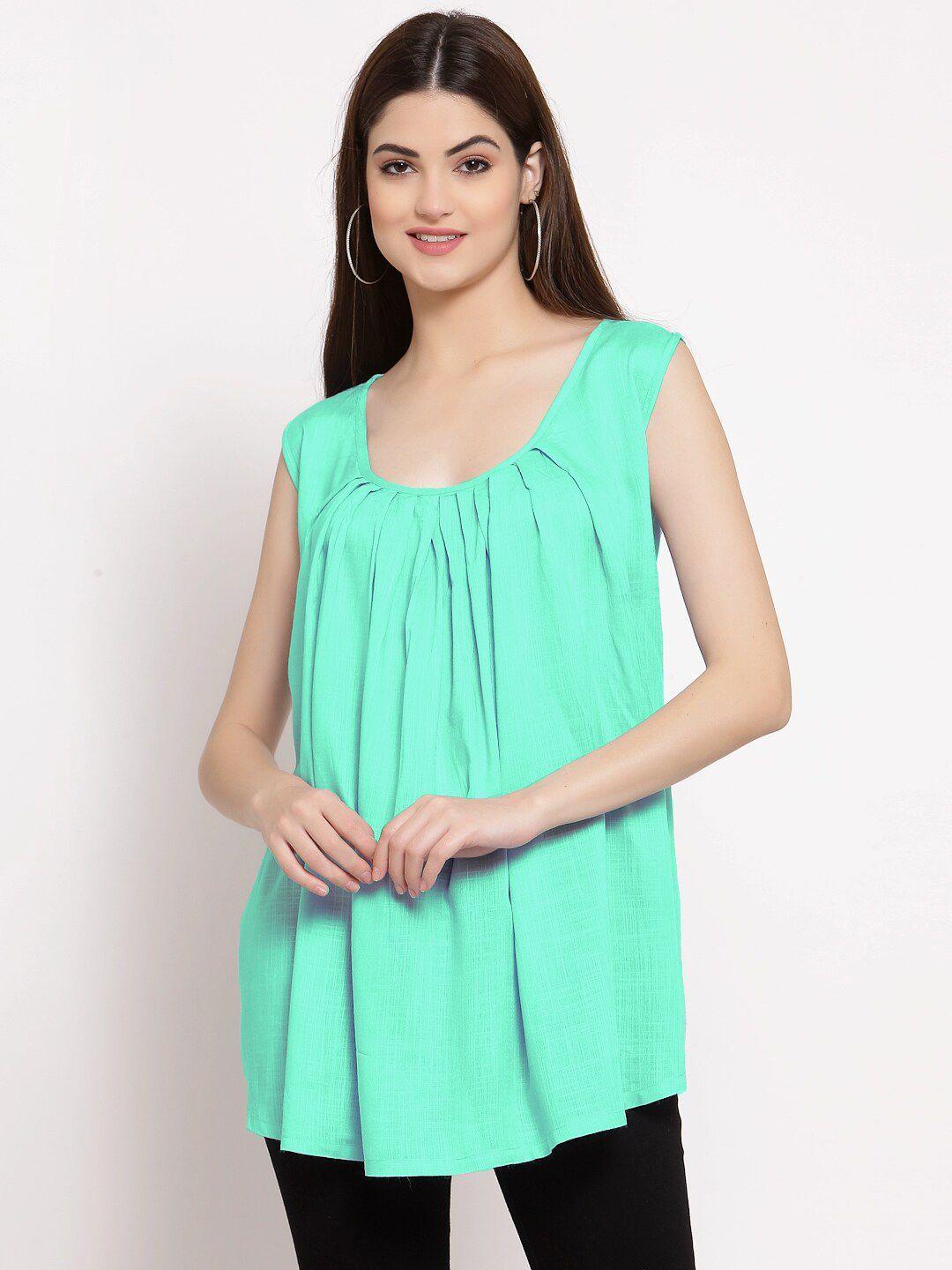 patrorna women sea green solid pleated a-line top