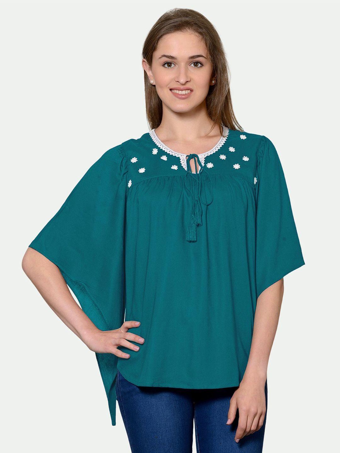 patrorna women green tie up neck kimono sleeves lace detail top