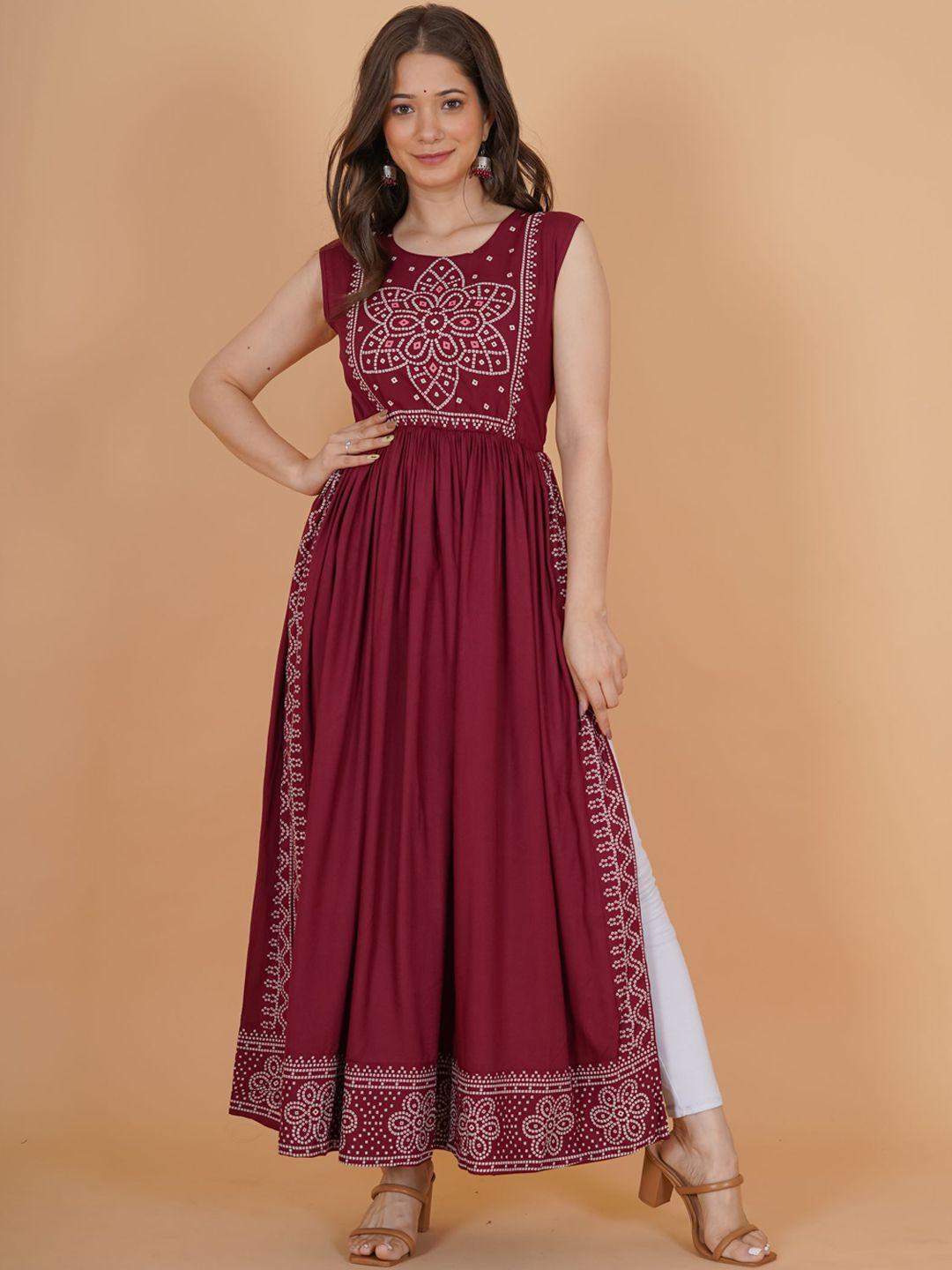 purshottam wala women maroon ethnic motifs printed thread work floral anarkali kurta