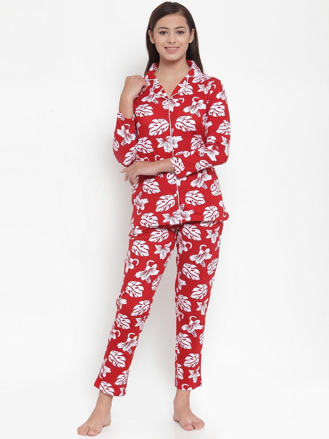 claura women red & off white printed night suit