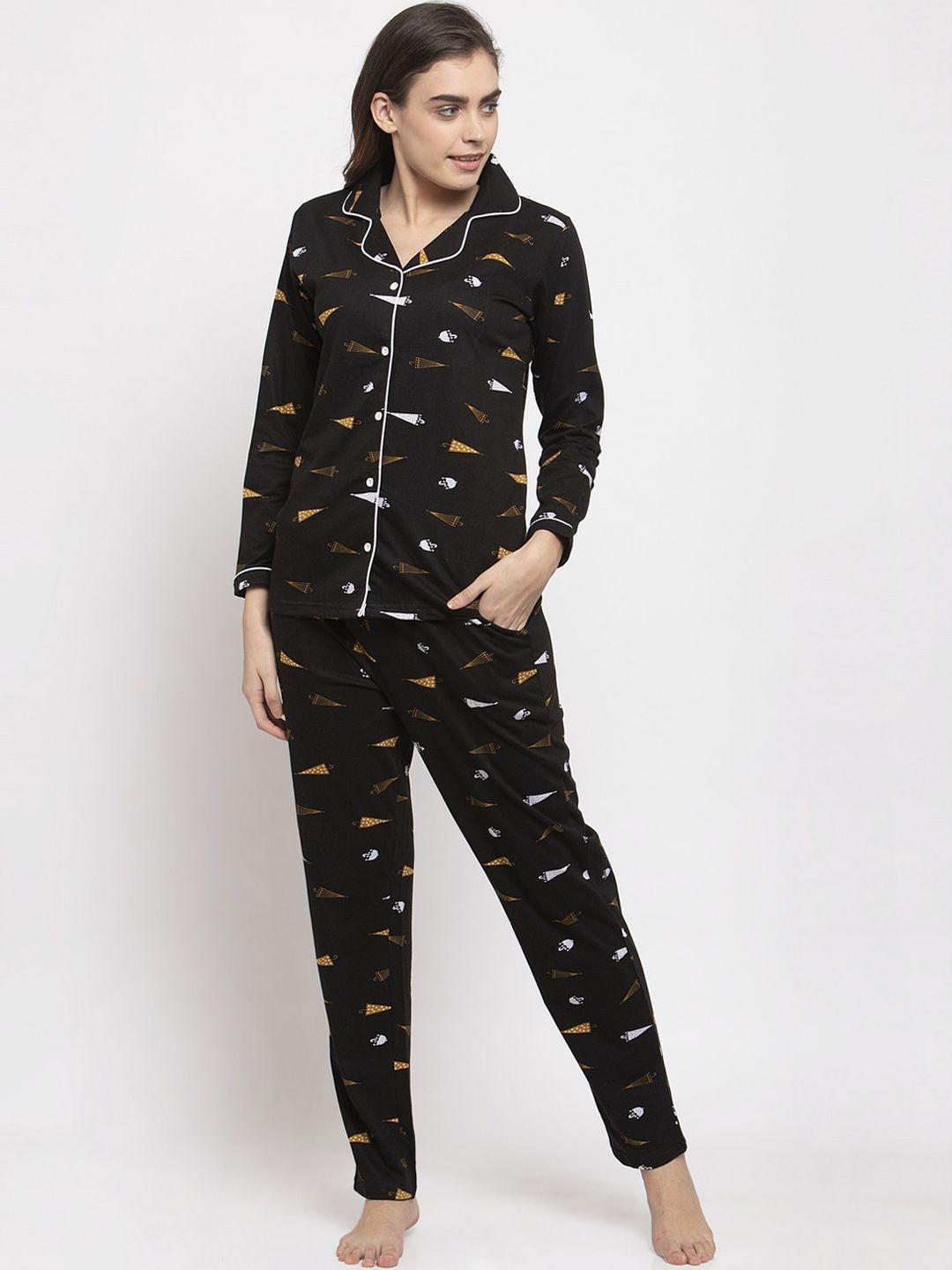 claura women black & off white printed cotton night suit