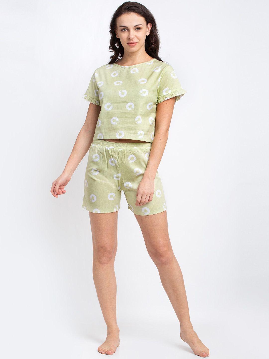 claura women green & off white printed night suit