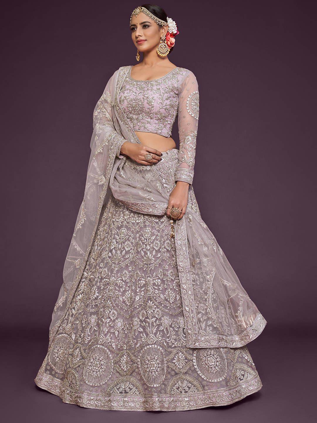 fabpixel mauve embroidered semi-stitched lehenga and unstitched blouse with dupatta