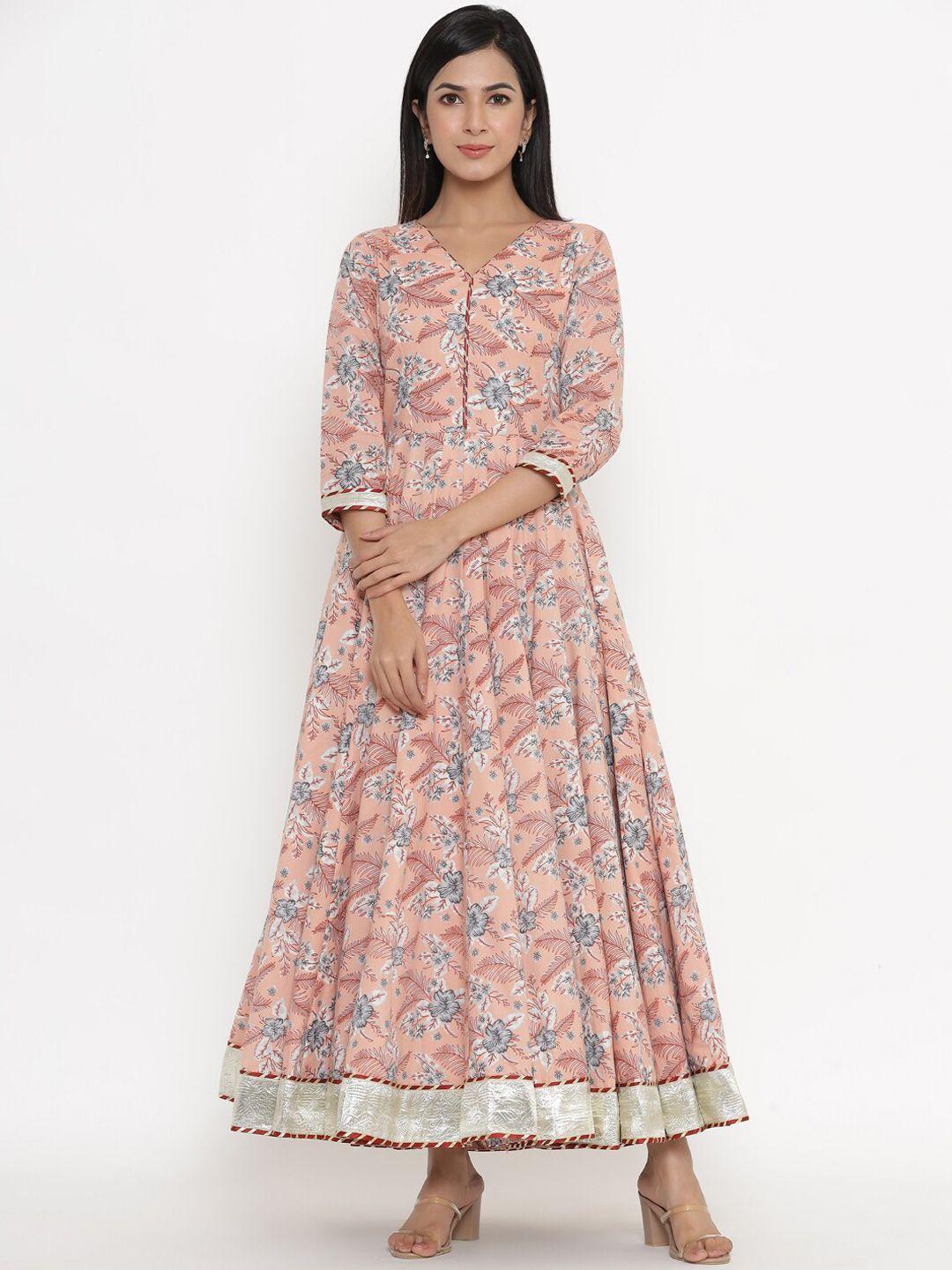 indian virasat women peach-coloured floral printed gotta patti anarkali kurta