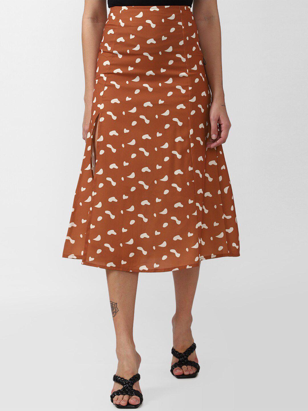 forever 21 women brown printed pure cotton a-line midi skirt