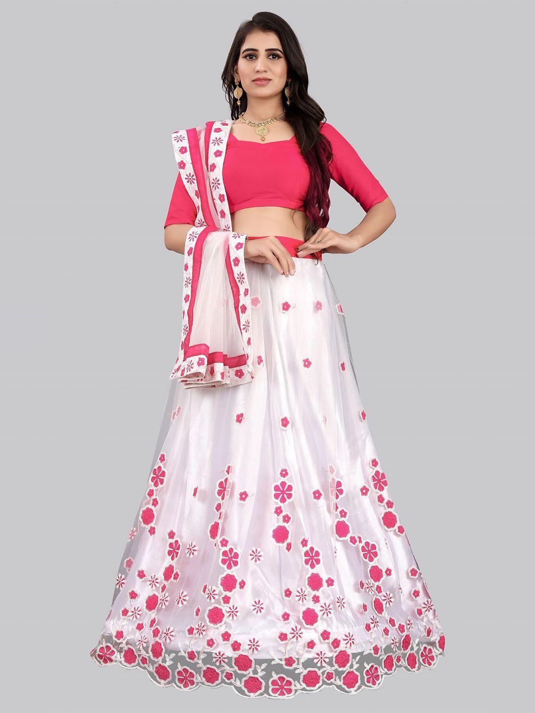 jsitaliya pink & white thread work semi-stitched lehenga & unstitched blouse with dupatta