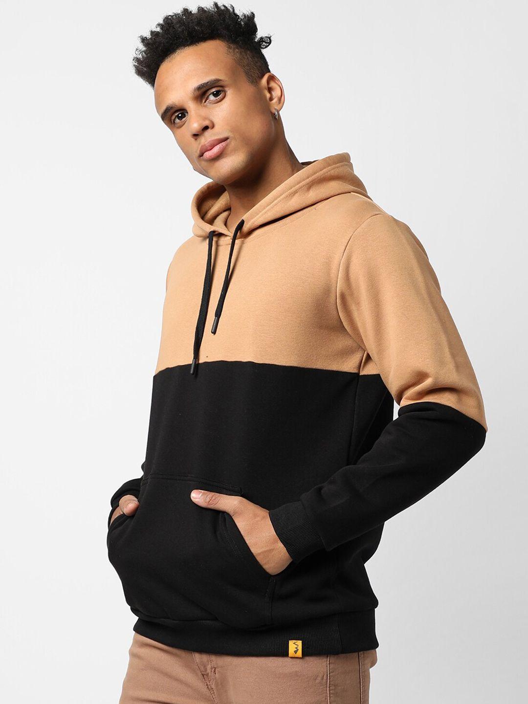 campus sutra men tan & black colourblocked hooded sweatshirt