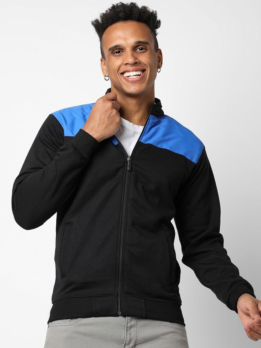 campus sutra men black blue cotton colourblocked windcheater outdoor sporty jacket