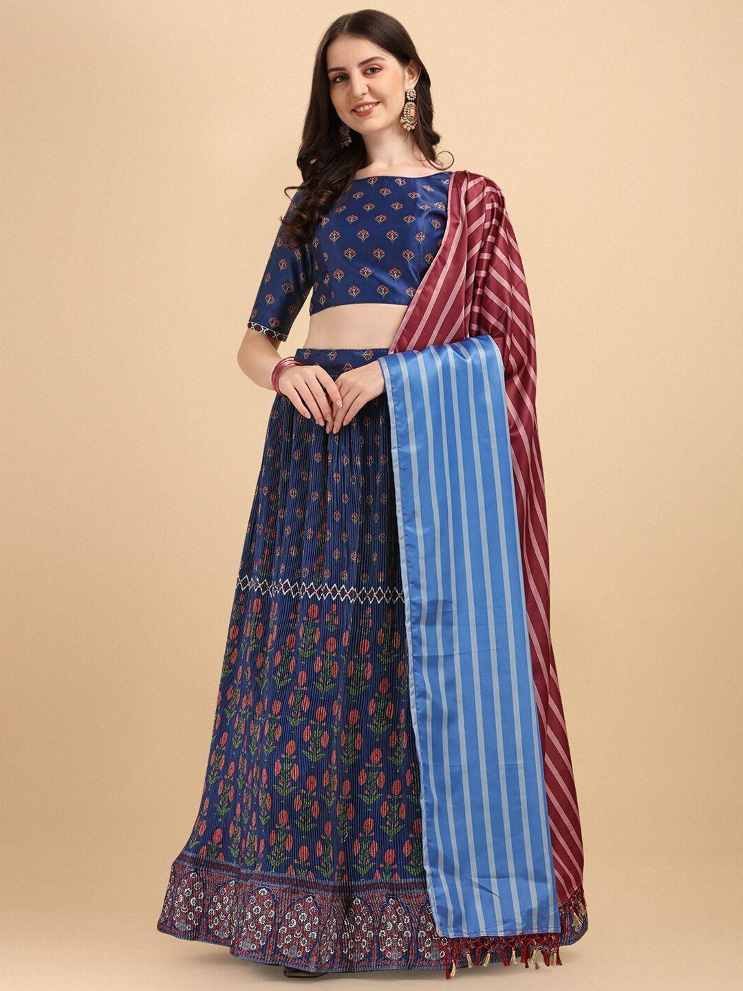 amrutam fab navy blue & maroon printed semi-stitched lehenga & unstitched blouse with dupatta