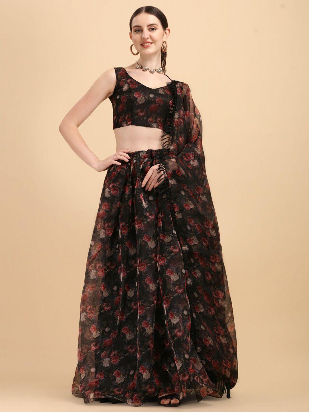 amrutam fab black & red printed organza semi-stitched lehenga choli set