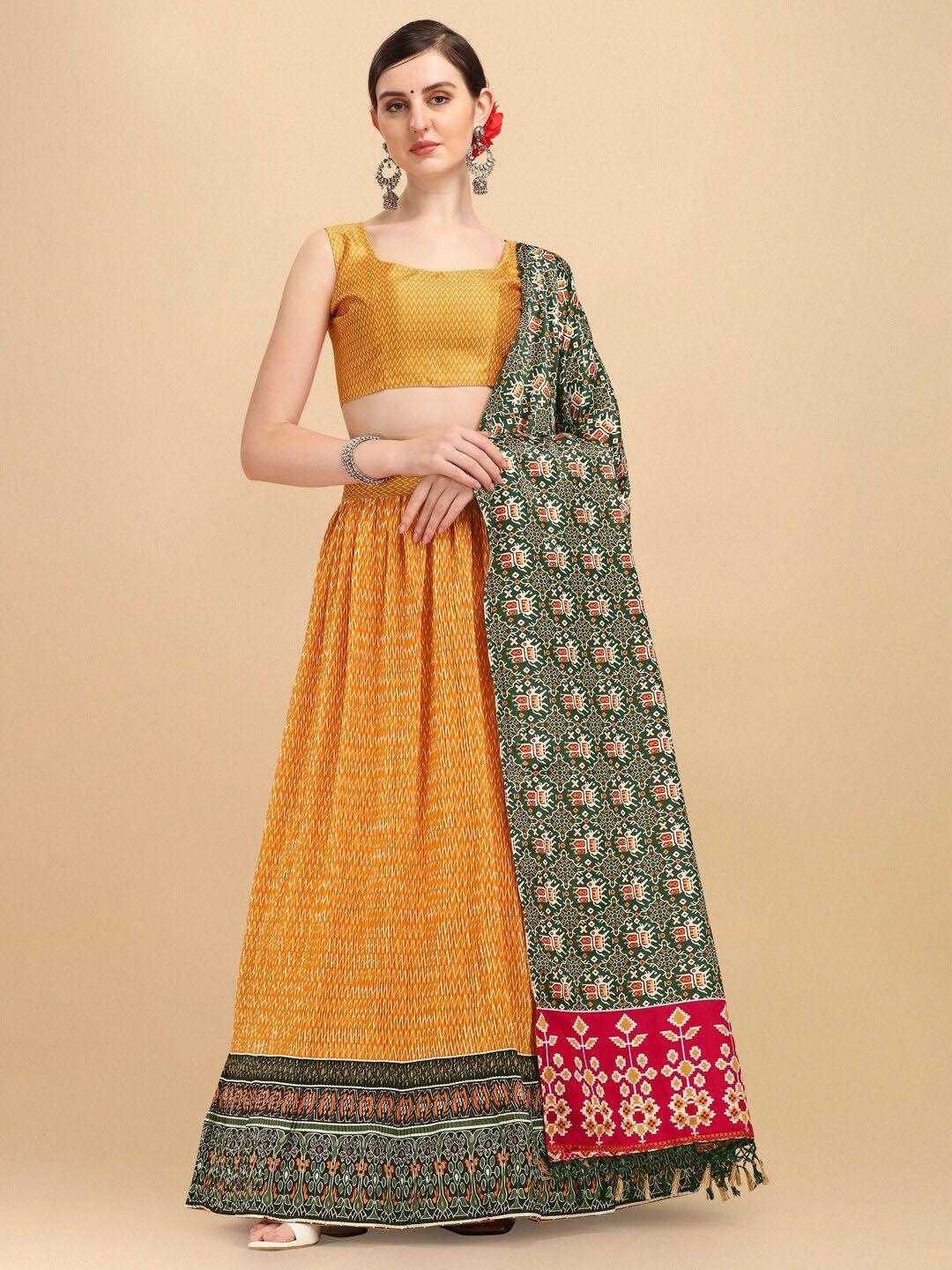 amrutam fab orange & green printed semi-stitched lehenga & unstitched blouse with dupatta