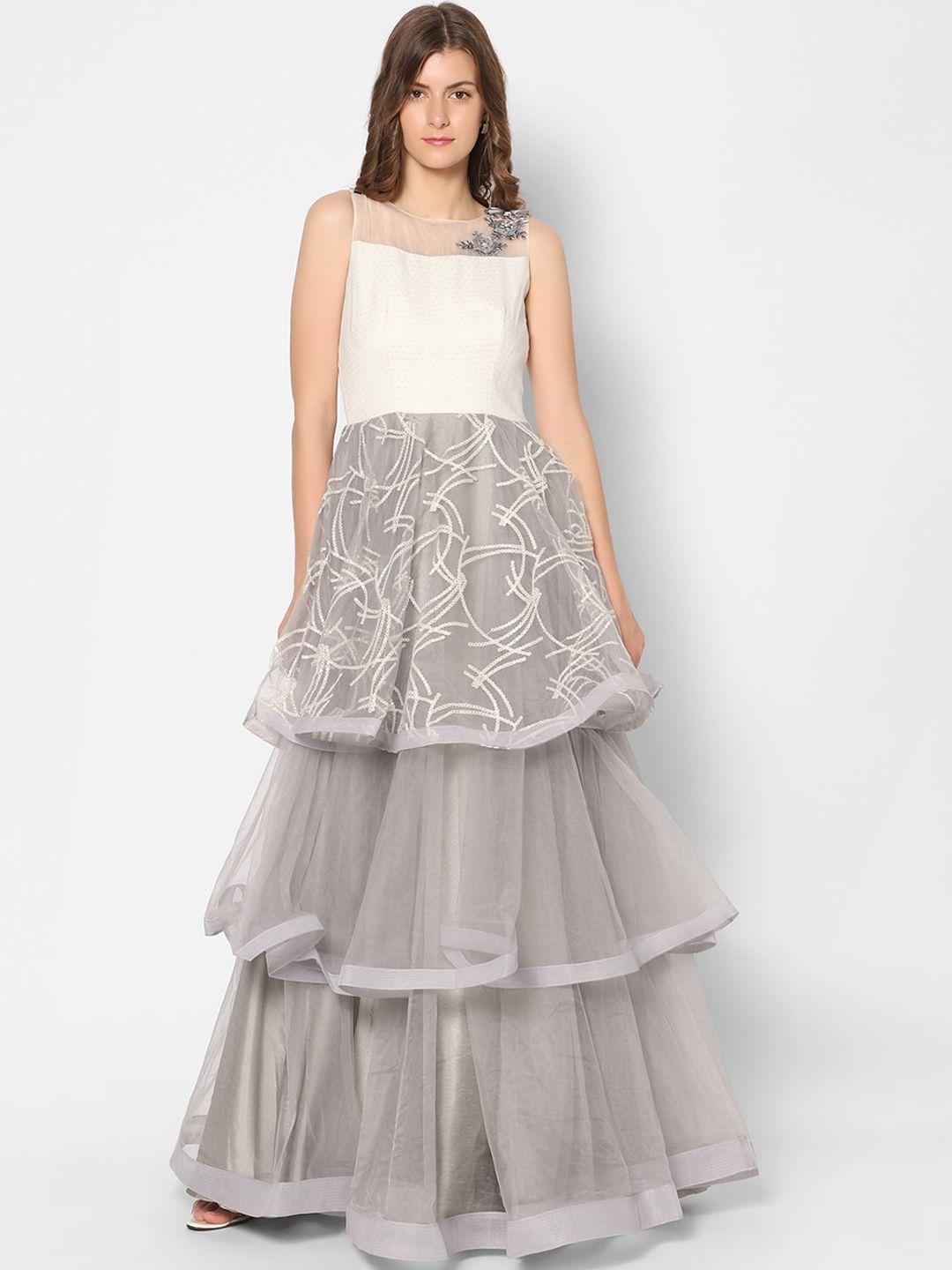 kiya grey & off-white colourblocked jacquard woven layered gown with sequinned detail