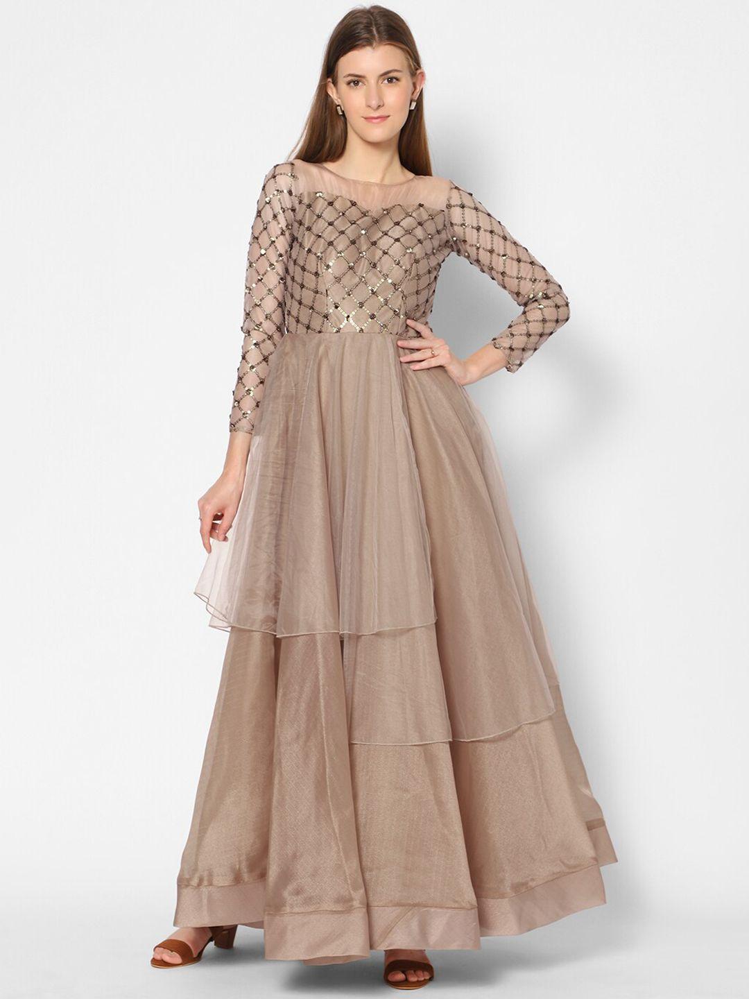 kiya beige & gold-toned embellished net maxi dress