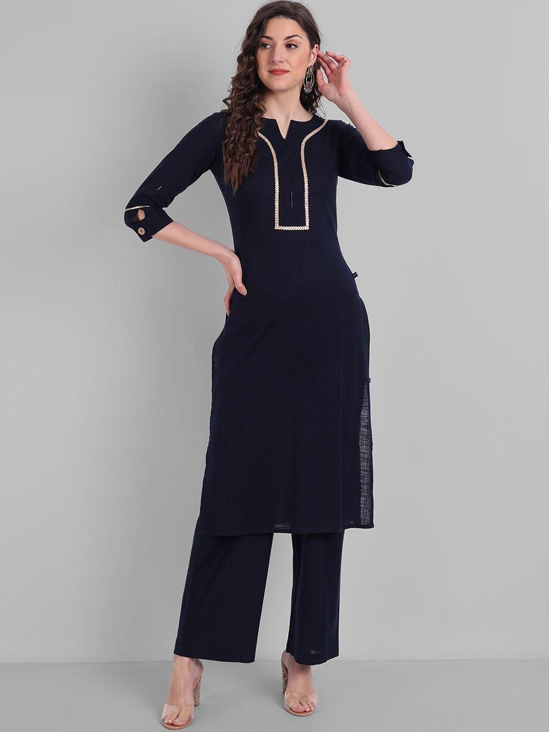 githaan women navy blue pure cotton kurta with palazzos