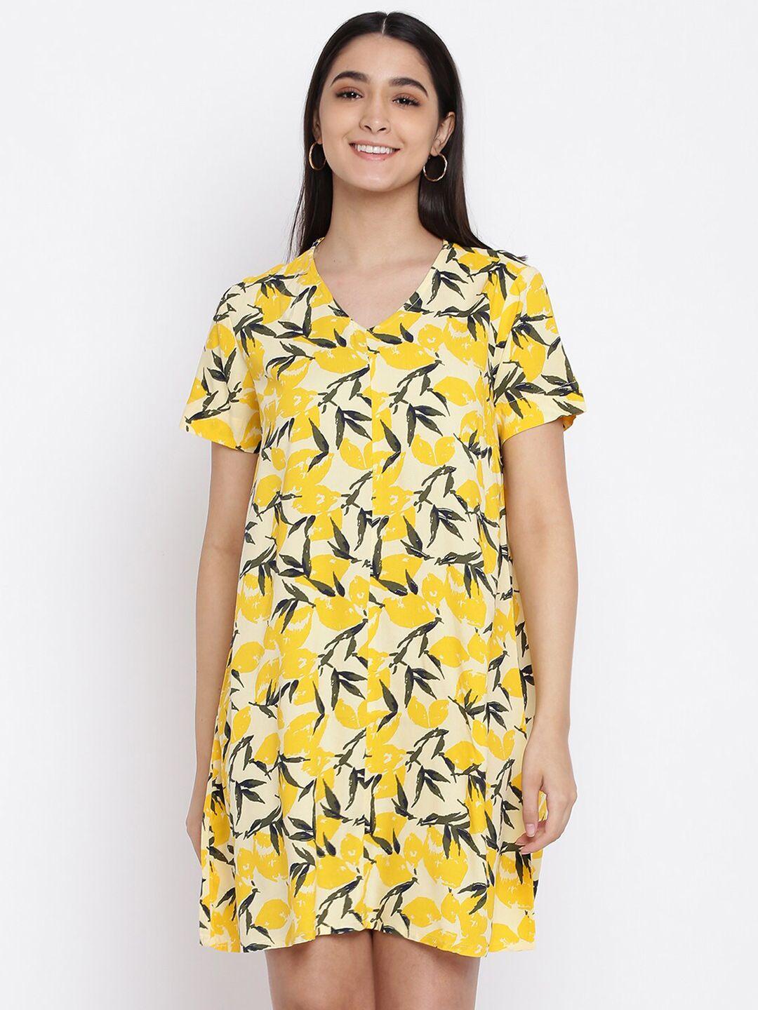 abof yellow & beige tropical shirt dress