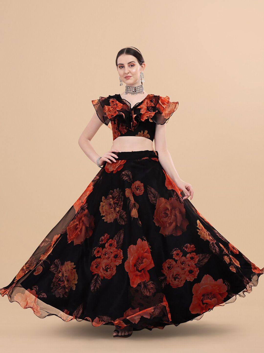 ethnic yard orange & black printed semi-stitched lehenga & unstitched