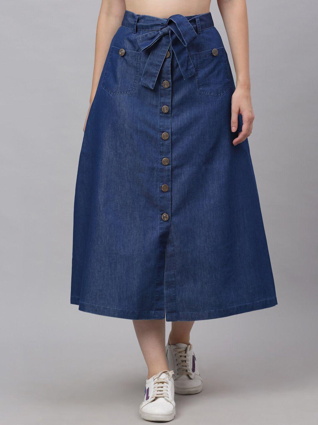 neudis women blue denim cotton twill midi a-line skirt