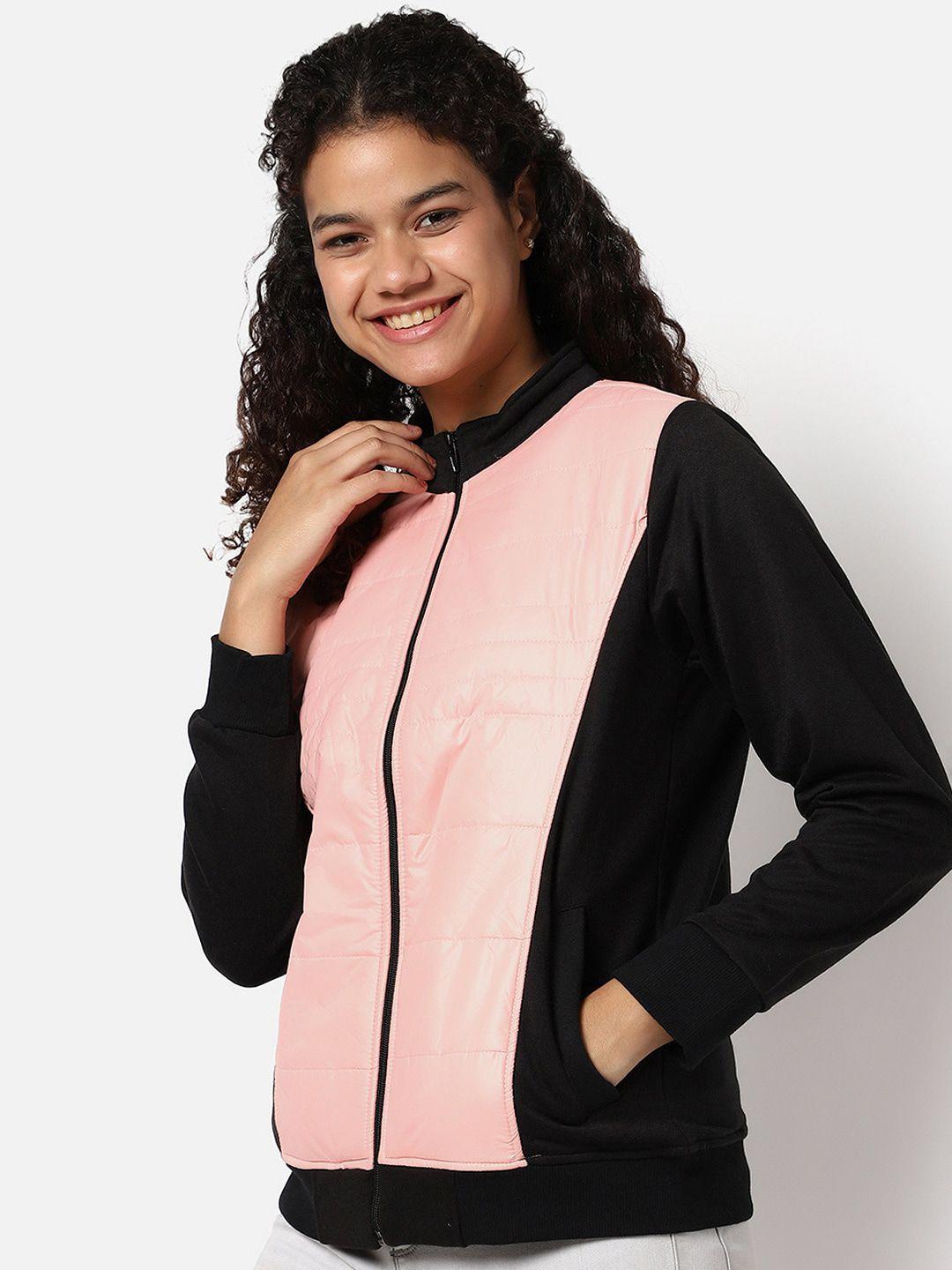 campus sutra women black colourblocked outdoor bomber jacket